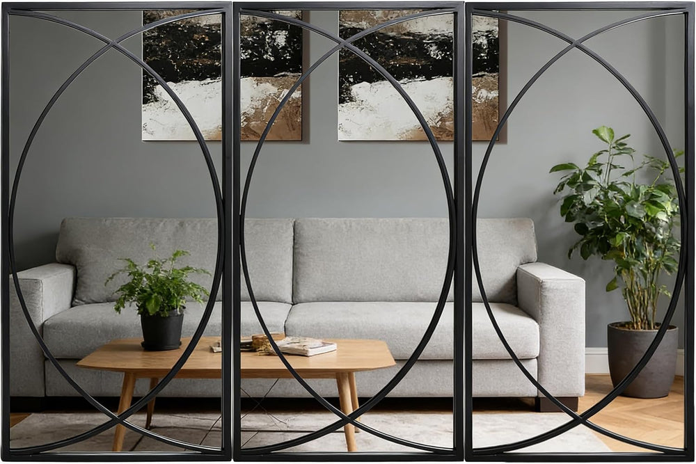 3 Pieces Black Rectangular Wall Mirror Set for Home Decor