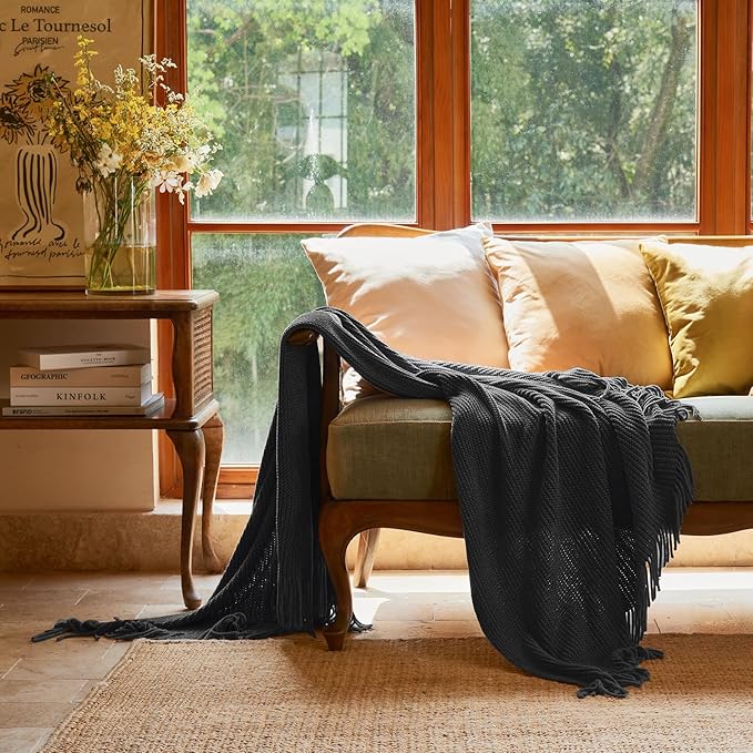 lifein Throw Blanket for Couch, Soft Boho Decor Bed Throw, Cozy Grey Knitted - Image 2