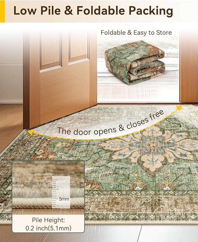 Area Rugs 4'x5' Washable Non-Slip, Floral Vintage Distress Print Pattern - Image 3