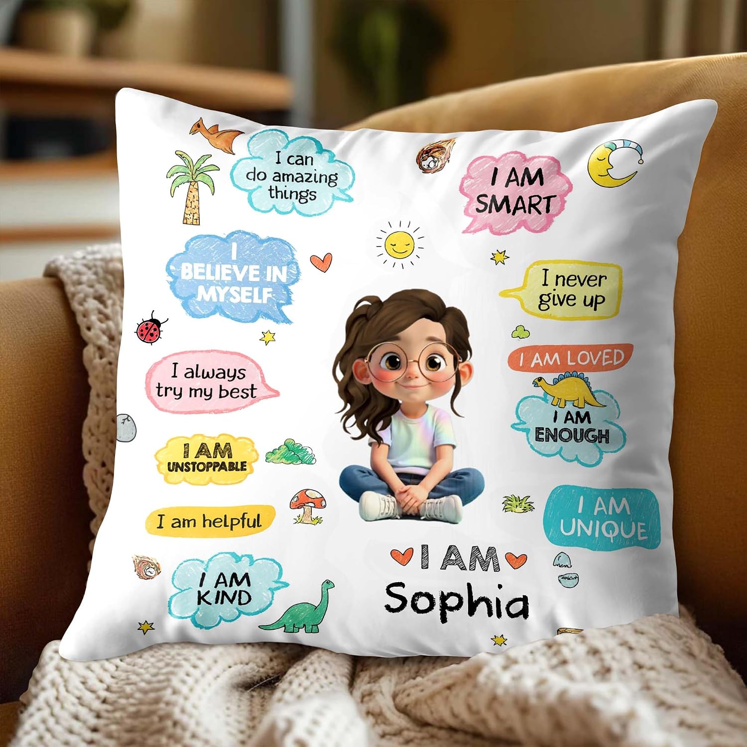 Personalized Affirmation Pillow Cover for Kids, Custom Character & Name Decorative Cushion, “I Believe in Myself” Positive Quotes, Cute Playroom Bedroom Decor for Back to School