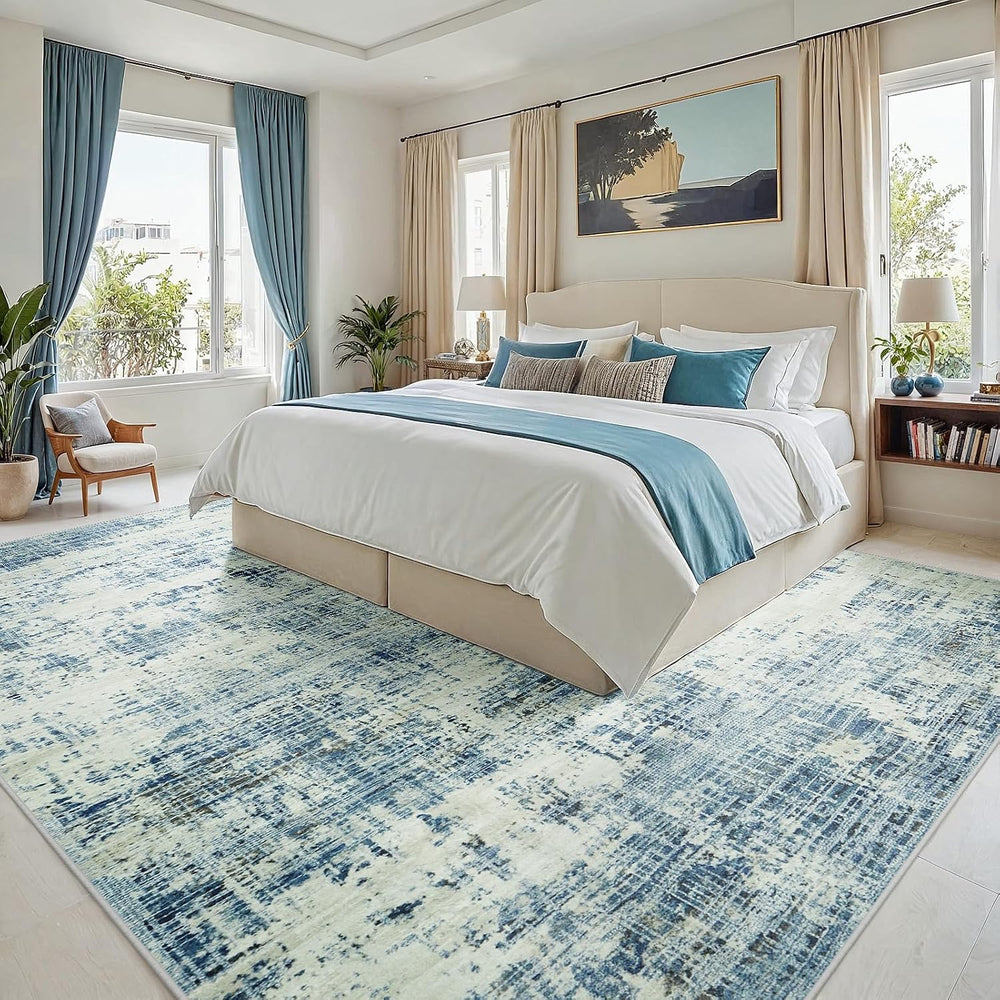 10x14 Washable Area Rug for Living Room Bedroom: Non-Slip Modern Blue Gray