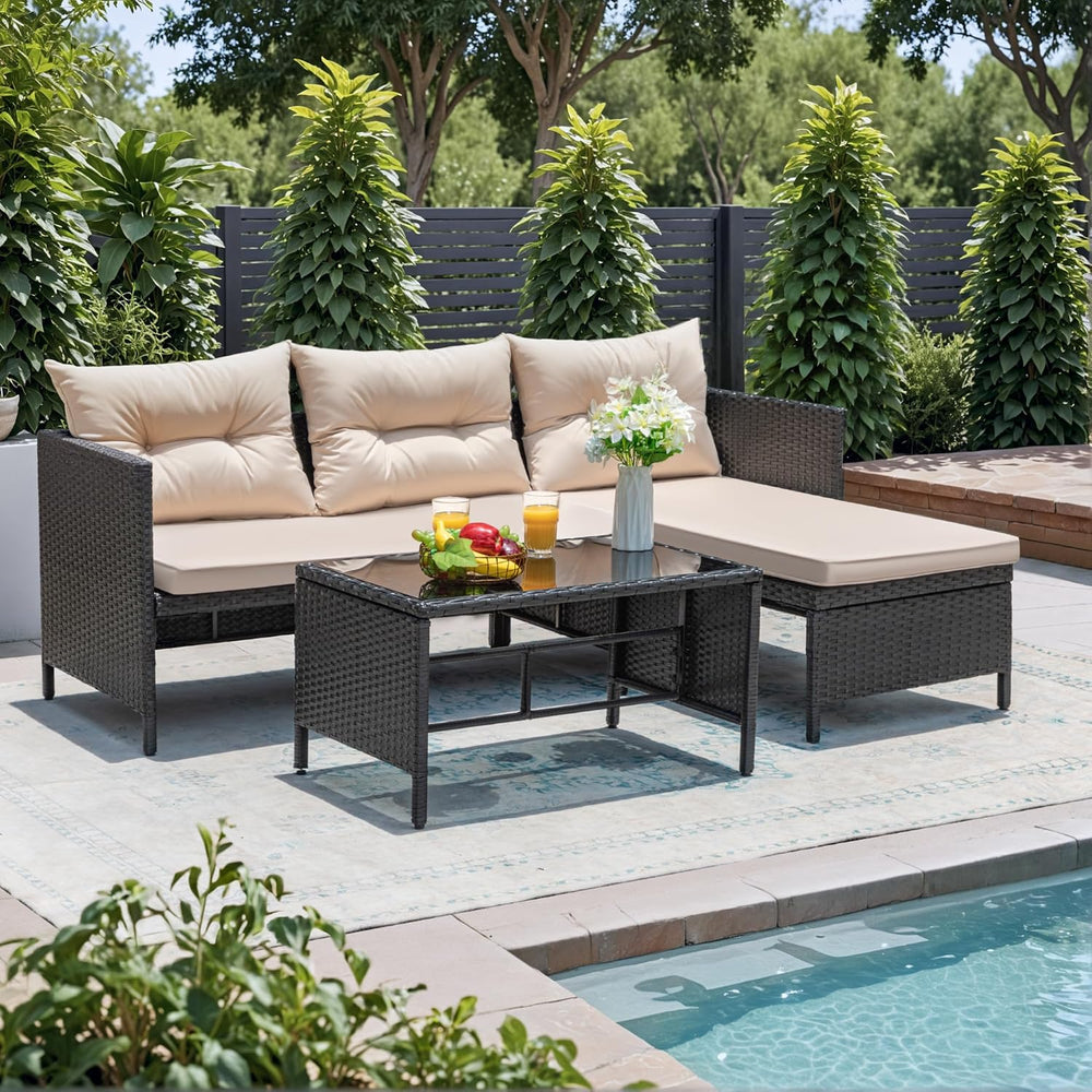 Greesum 3 Piece Patio Furniture Set Outdoor Wicker Sectional Sofa,Beige