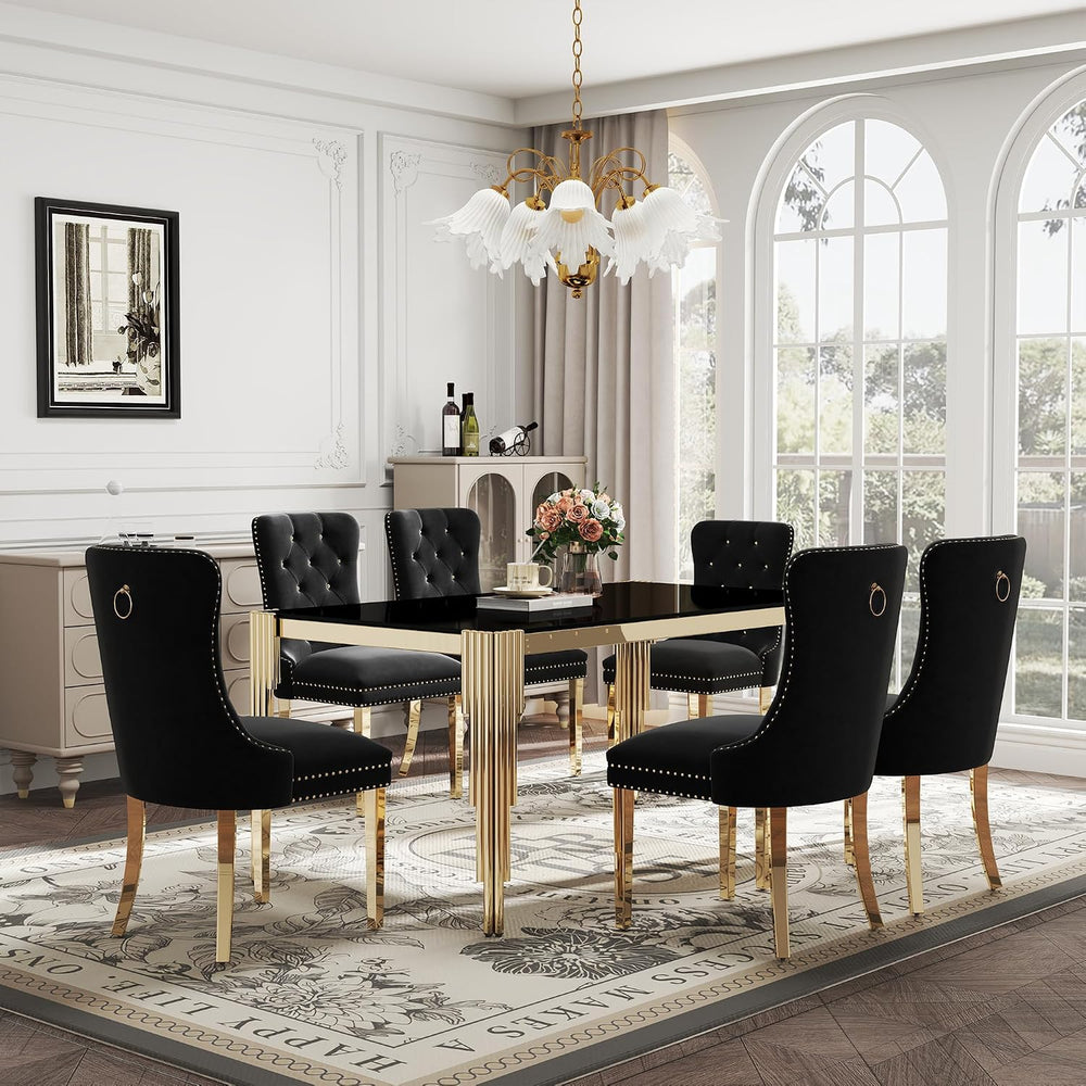 7 Piece Glass Dining Table Set for 6, 65" Rectangle Kitchen Table with 6...