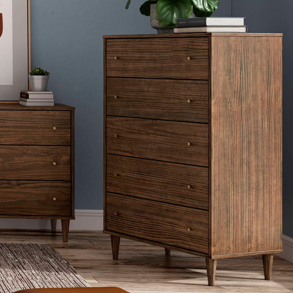 Mid Century 5-Drawer Chest, Brushed Walnut