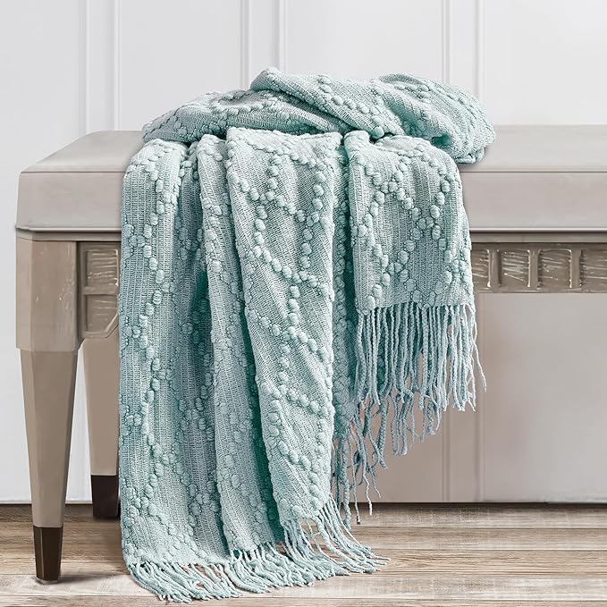 BOURINA Aqua Throw Blanket 50 x70 Inches Jacquard Argyle Throw Textured Solid - Image 4