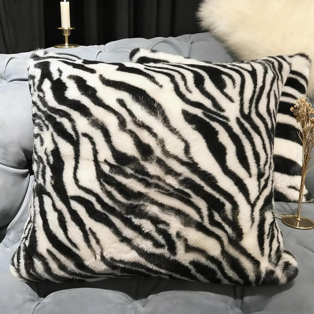 Black White Square Pillow Cover Soft Fluffy Fuzzy Faux Fur Zebra Stripe Throw...