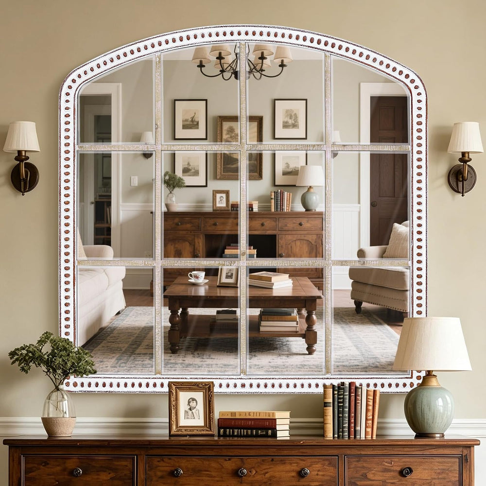 36x36 Inch Farmhouse Arched Window Mirror, Distressed Wooden Wall Mirrors
