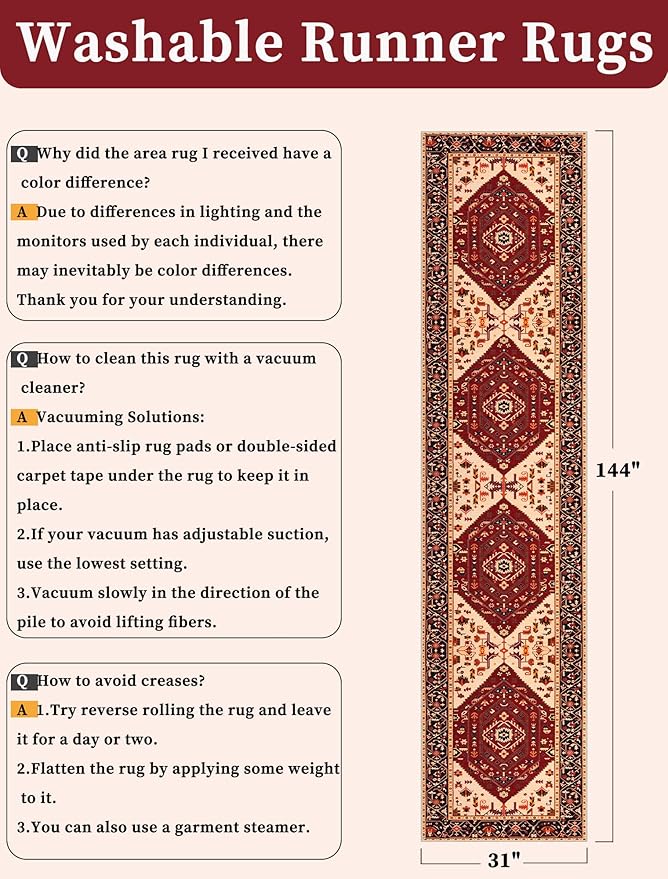 SERISSA Runner Rug for Hallways, Extra Long Boho Rug Ultra Soft Vintage Red - Image 6