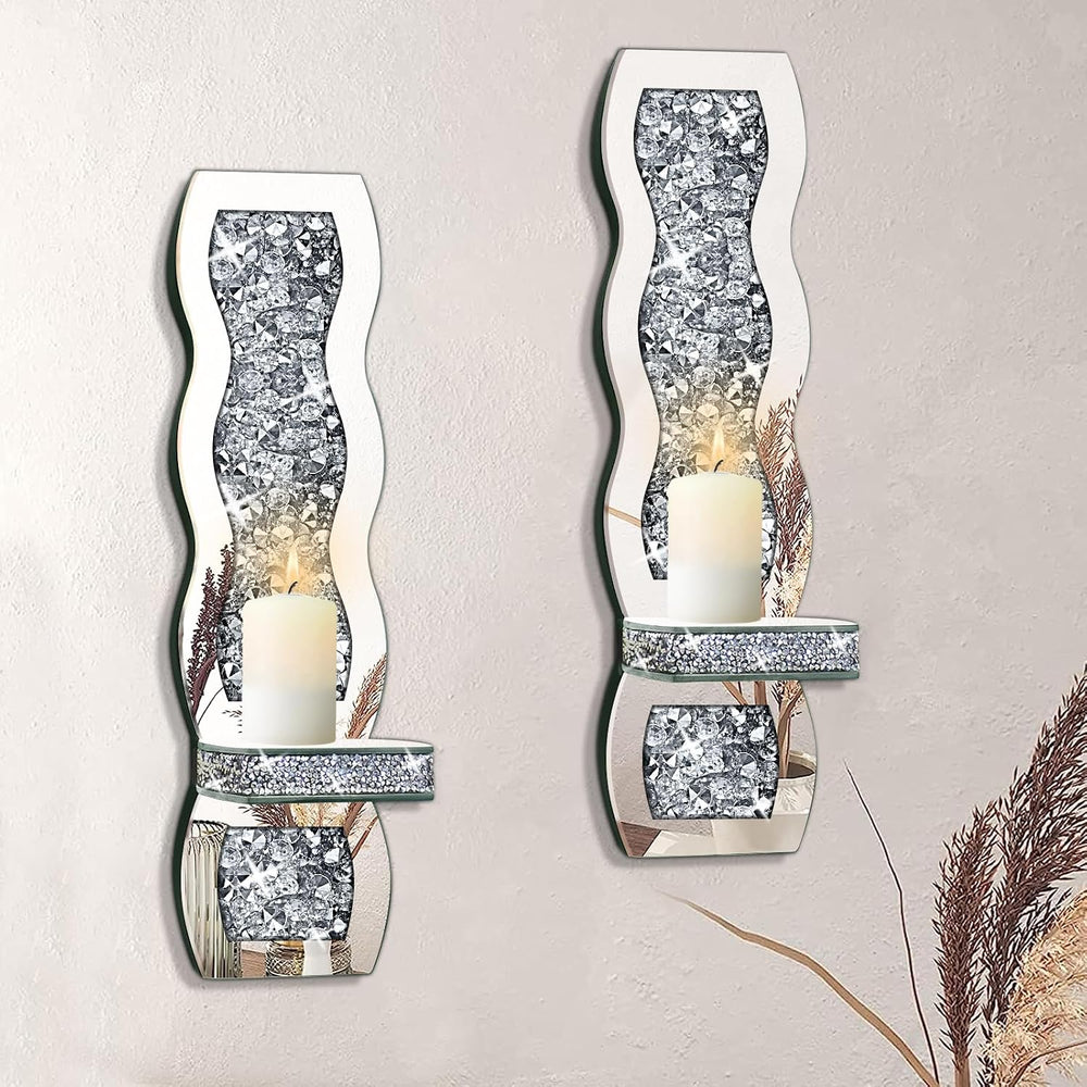 Crystal Crush Diamond Candle Holder Set of 2, Wavy Silver Mirrored Wall Candl...