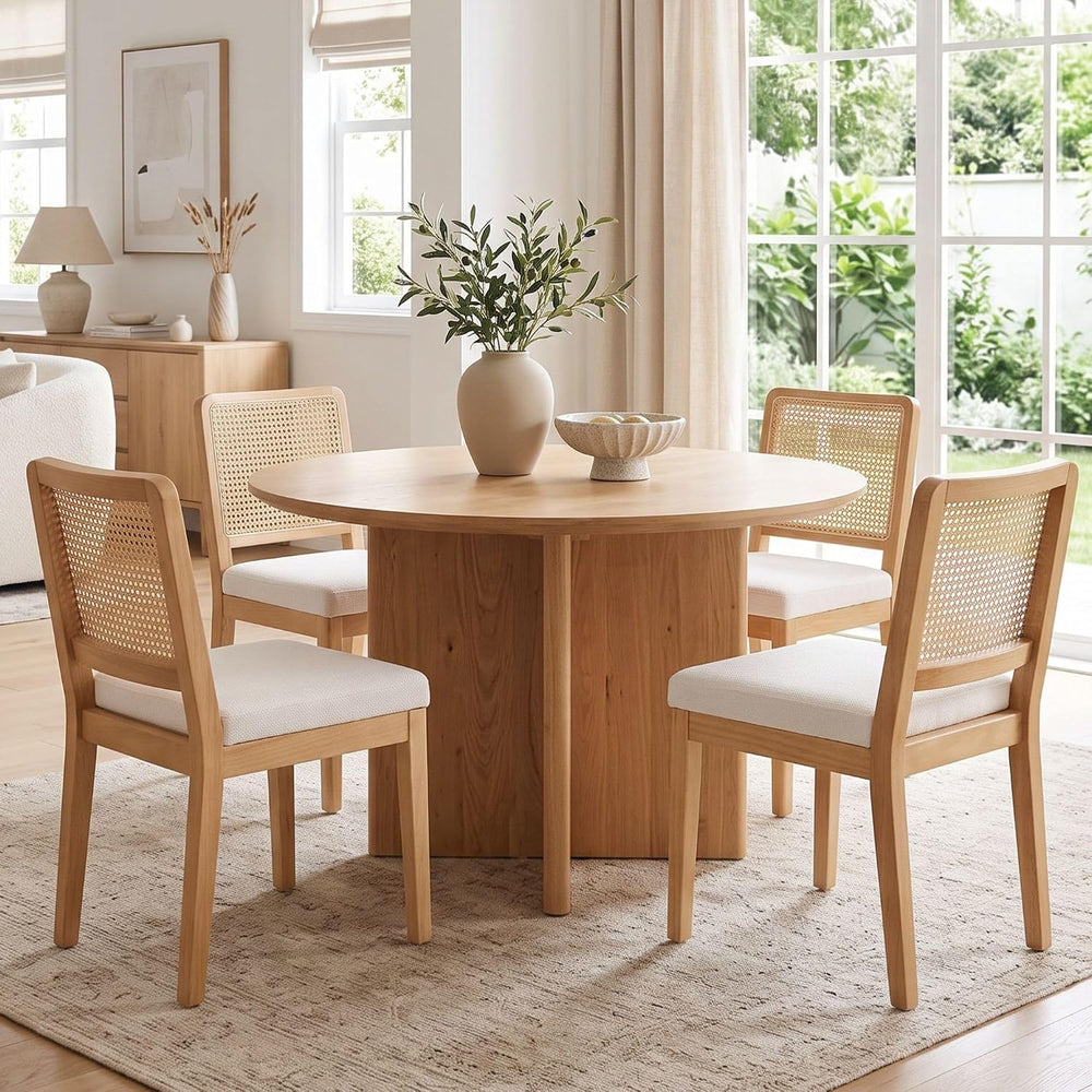 HNY Modern Farmhouse Rattan Dining Chairs Set of 2 Beige Chenille Upholstered...