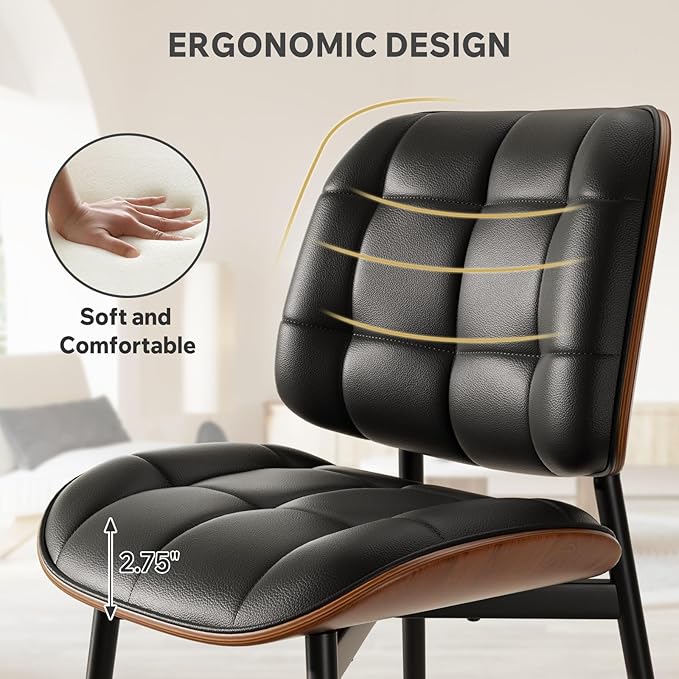 Dining Chair, Black Mid Century Modern Dining Room Chair, Upholstered Faux Le...