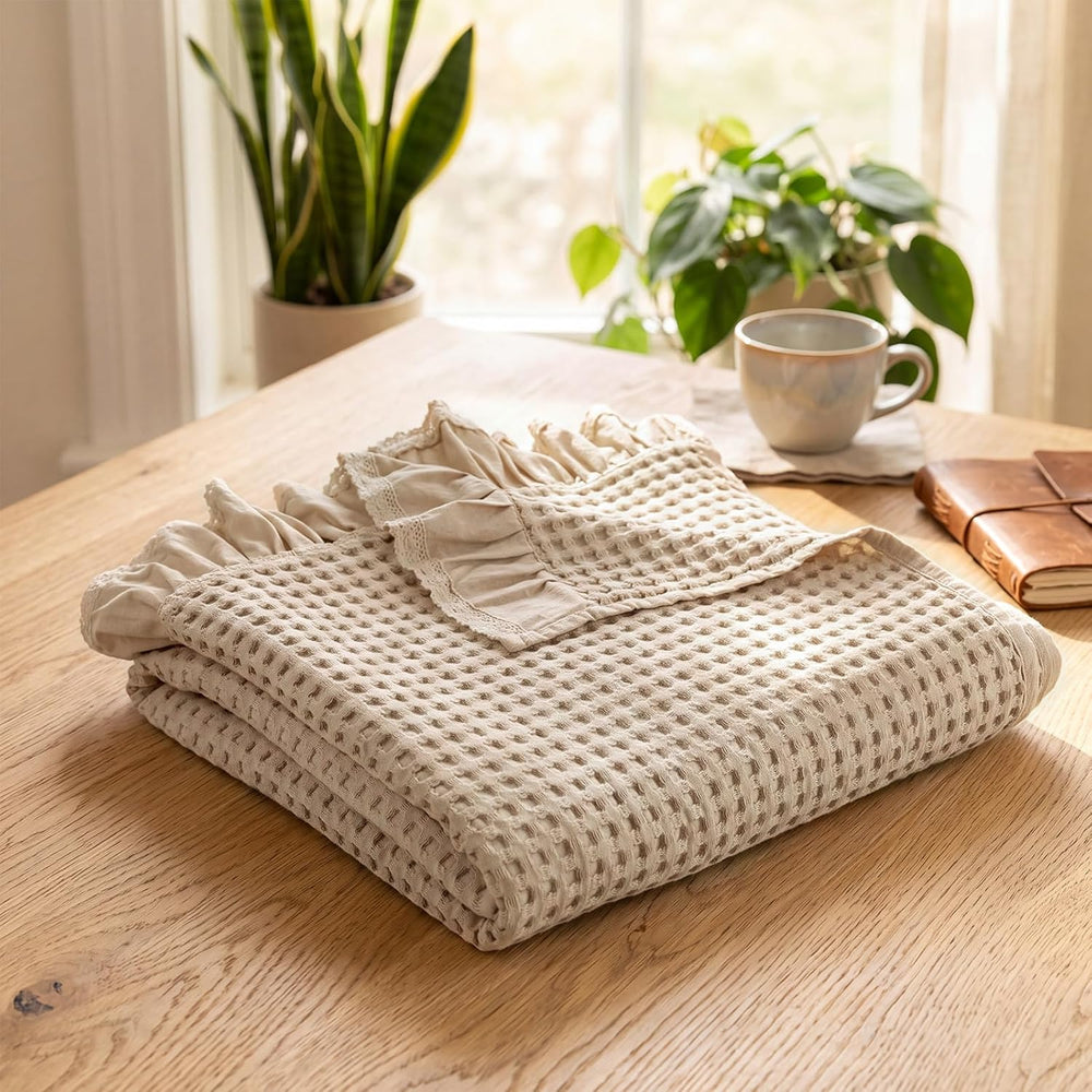Tegeme Waffle Weave Blanket Cotton Beige Ruffle Throw Blanket