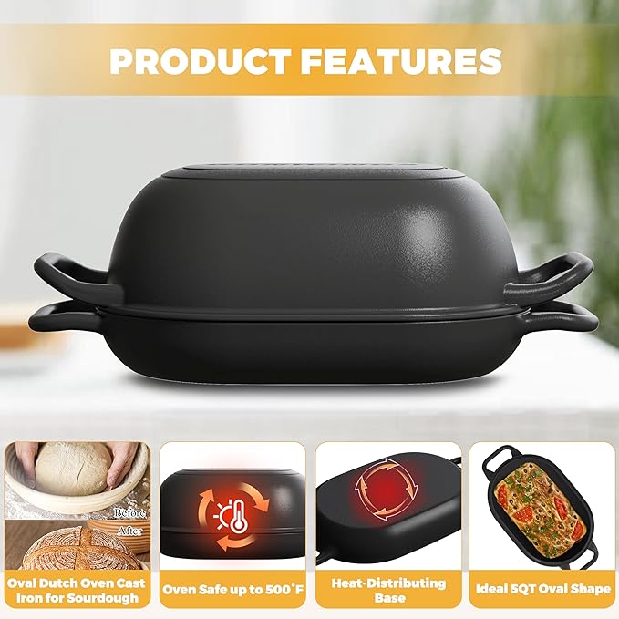 Oval Dutch Oven for Bread Baking 12 x 8 Inch, Pre-Seasoned Cast Iron Bread Oven - Image 4