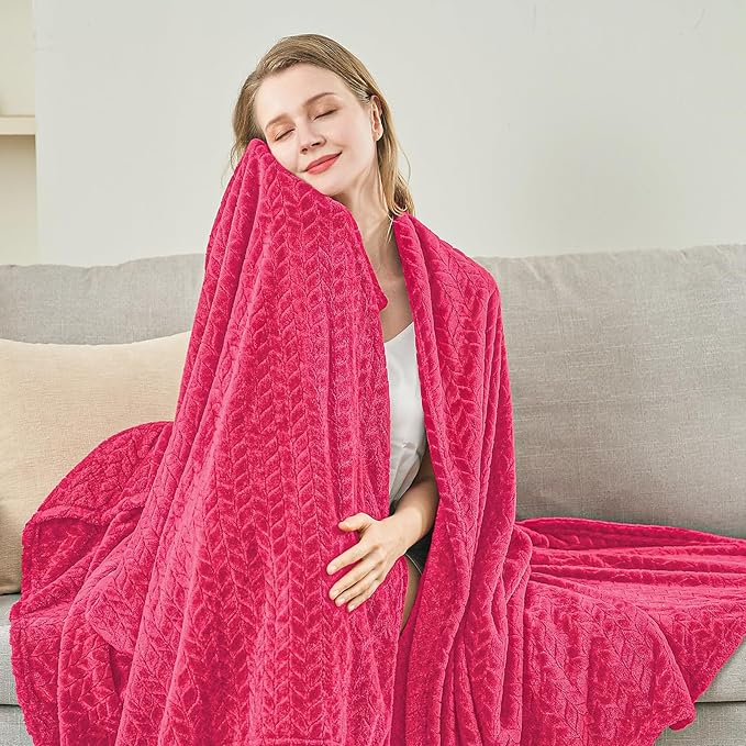 inhand Hot Pink Fleece Twin Blanket, Lightweight Leaves Pattern Fuzzy Blanket - Image 6