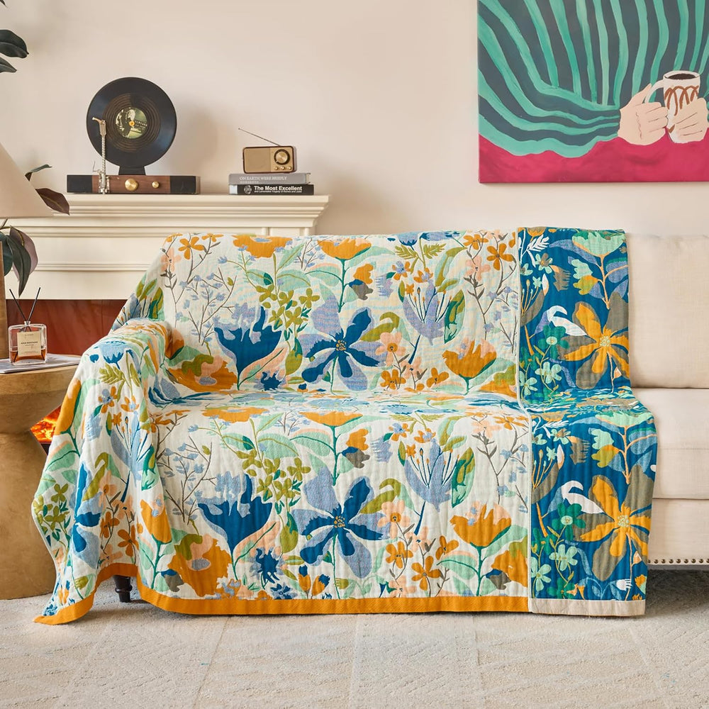 Boho Throw Blanket, 100% Soft Cotton Floral Quilt, King 90"x 98"