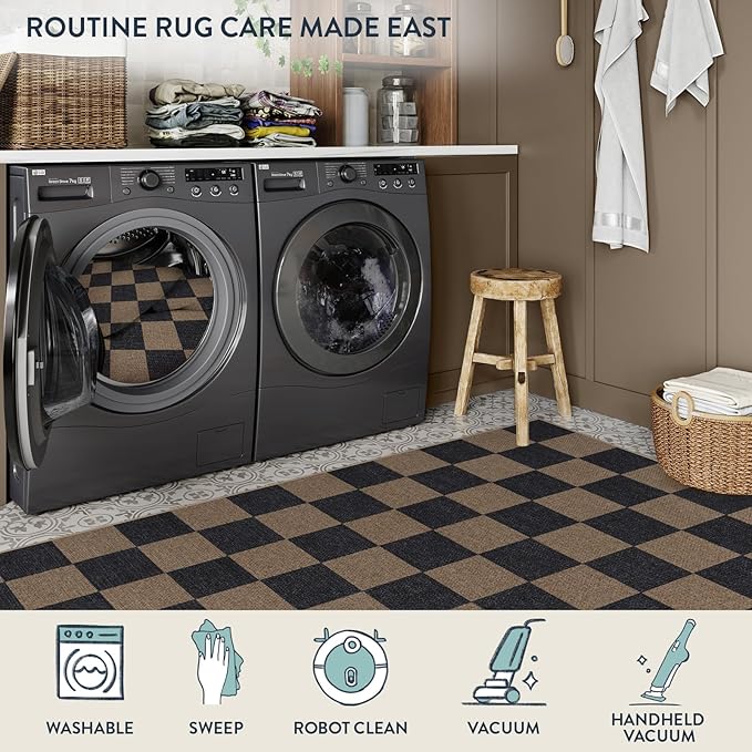Lahome Checkered Easy Jute Living Room Rugs, 5x7 Black Dining Room Office Rug - Image 6