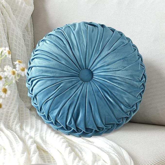 HIG Set of 2 Dusty Blue Ruched Velvet Round Throw Pillows – 14.5’’ Decorative - Image 2