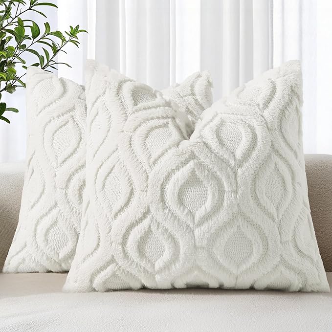 decorUhome Throw Pillow Covers 16x16 Inch Set of 2, Soft Plush Faux Wool Cream by decorUhome