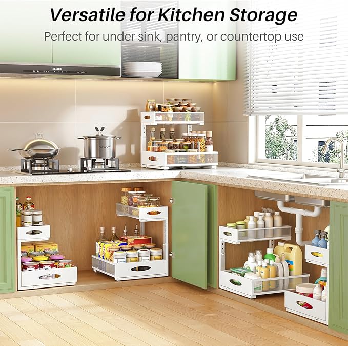 Under Sink Organizer, L-Shaped Adjustable Height, Mesh Sliding Drawer - Image 9