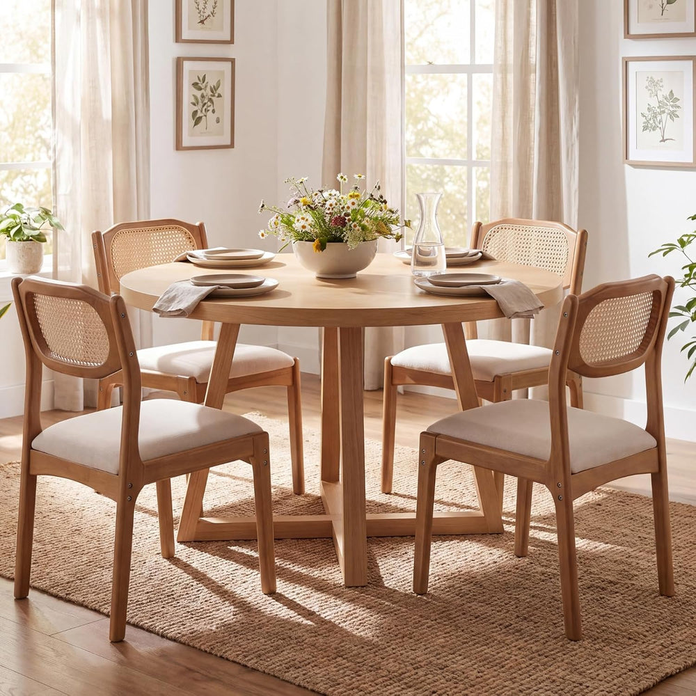 EALSON Mid Century Dining Chairs Set of 2, Beige Fabric Linen Upholstered Sea...