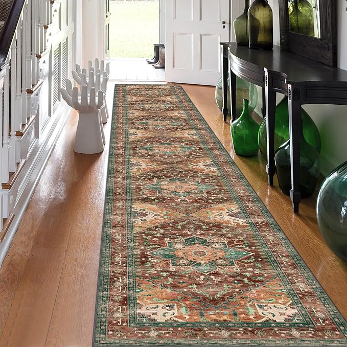 Washable Runner Rug, Stain Resistant & Low Pile Faux Wool Distressed Carpet by Yamaziot