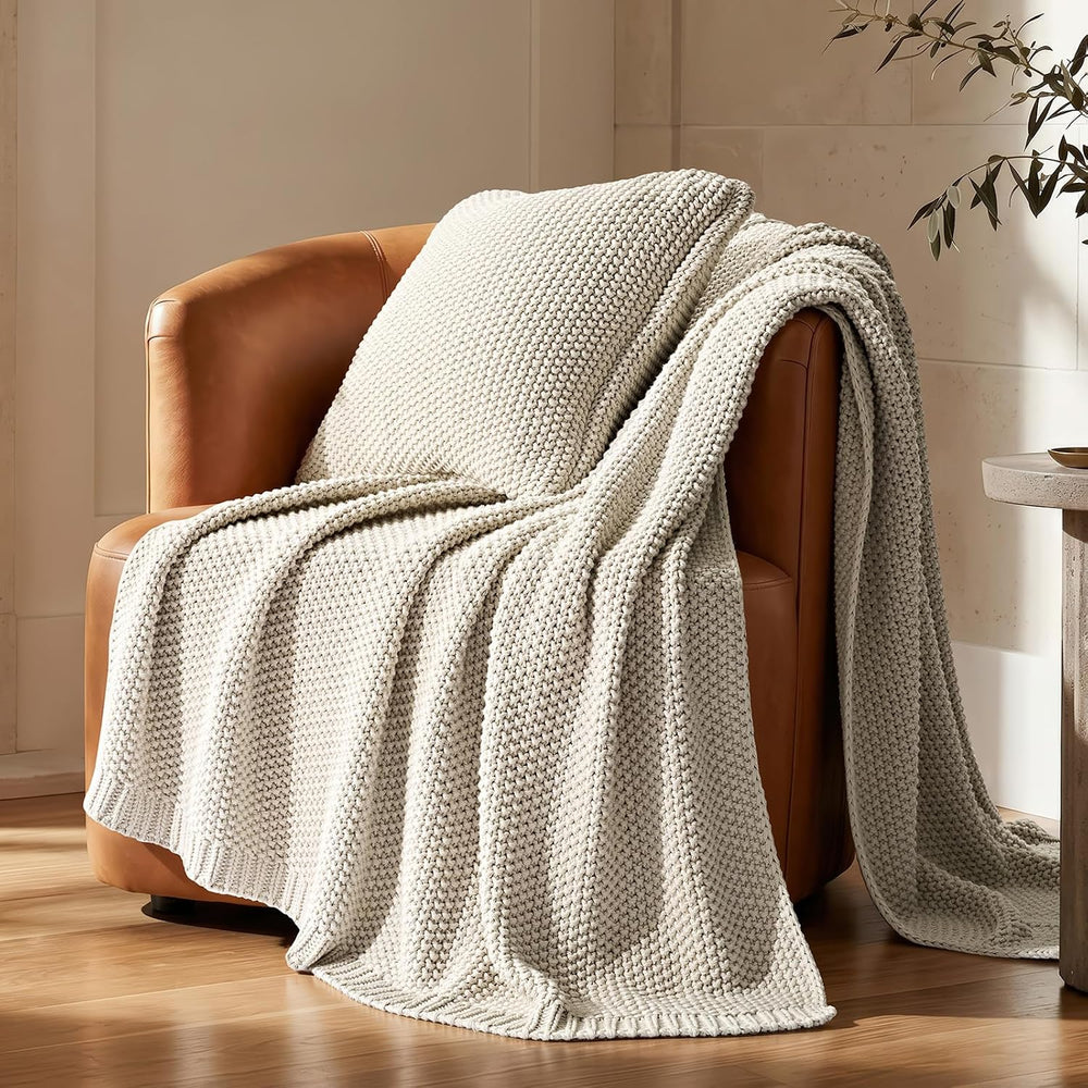 EverGrace Organic Cotton Chunky Knit Throw Blanket, 60 x 80 Birch