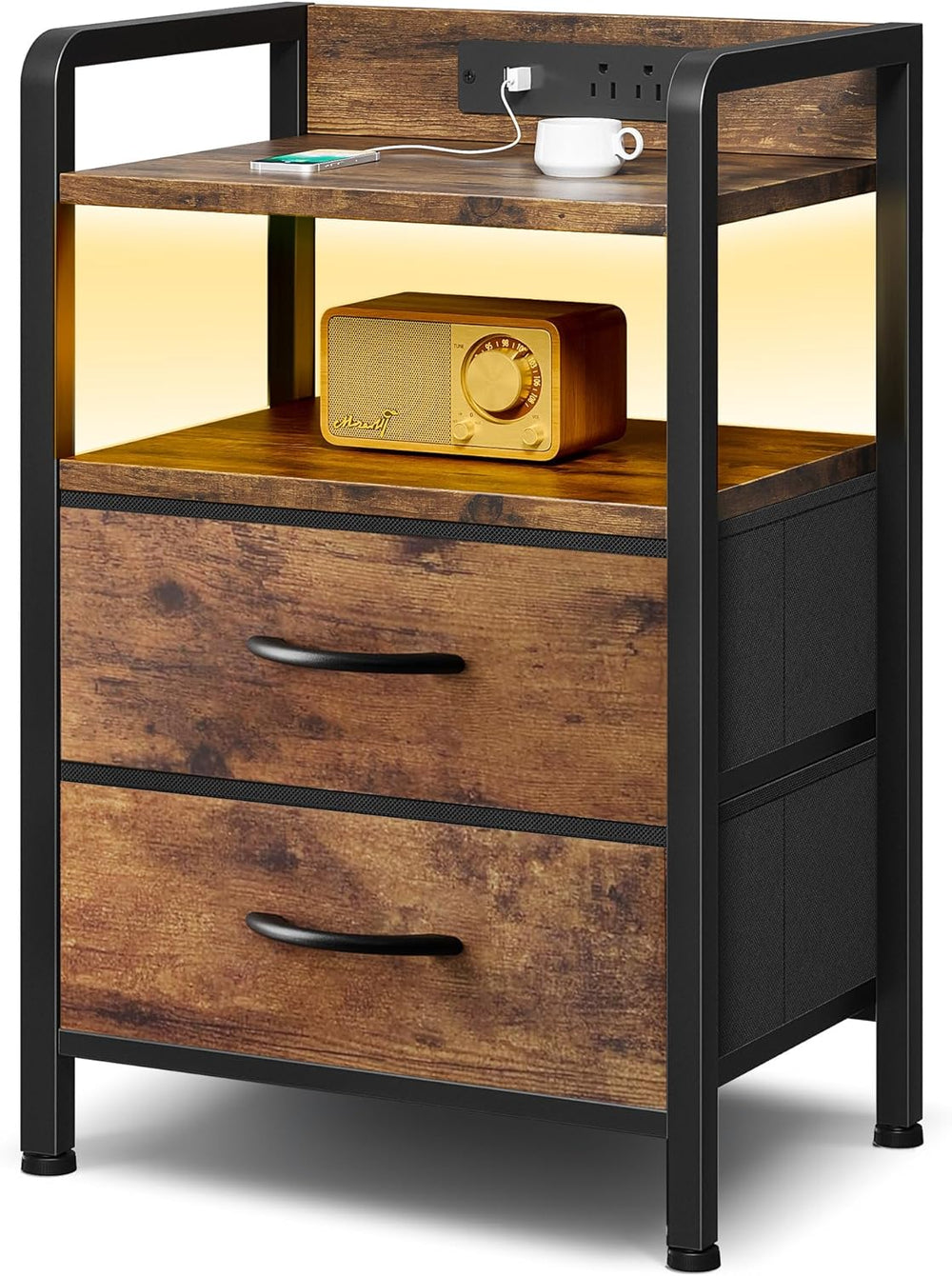 Night Stand Bedside Table Bedroom - Nightstand with Charging Station, Night S...