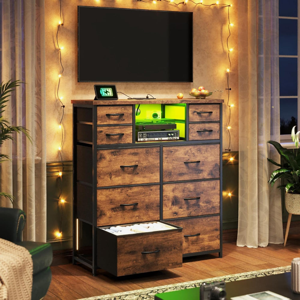 10-Drawer Tall Dresser for Bedroom, LED & Charging Station, Brown