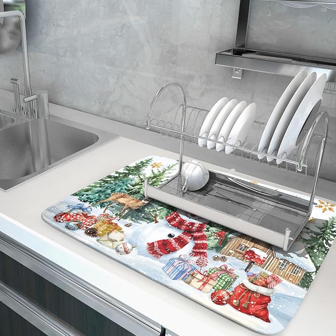 Christmas Kitchen Drying Mat 18 x 24 Inch Xmas Snowman Drying Pad Snowflake and - Image 5