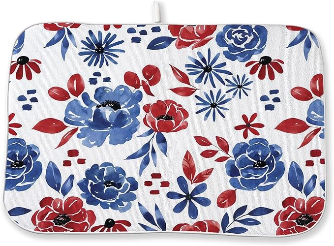 Red Blue Floral Dish Drying Mat 18x24 Inch Vintage 4th of July Drying Mat by Sorktse