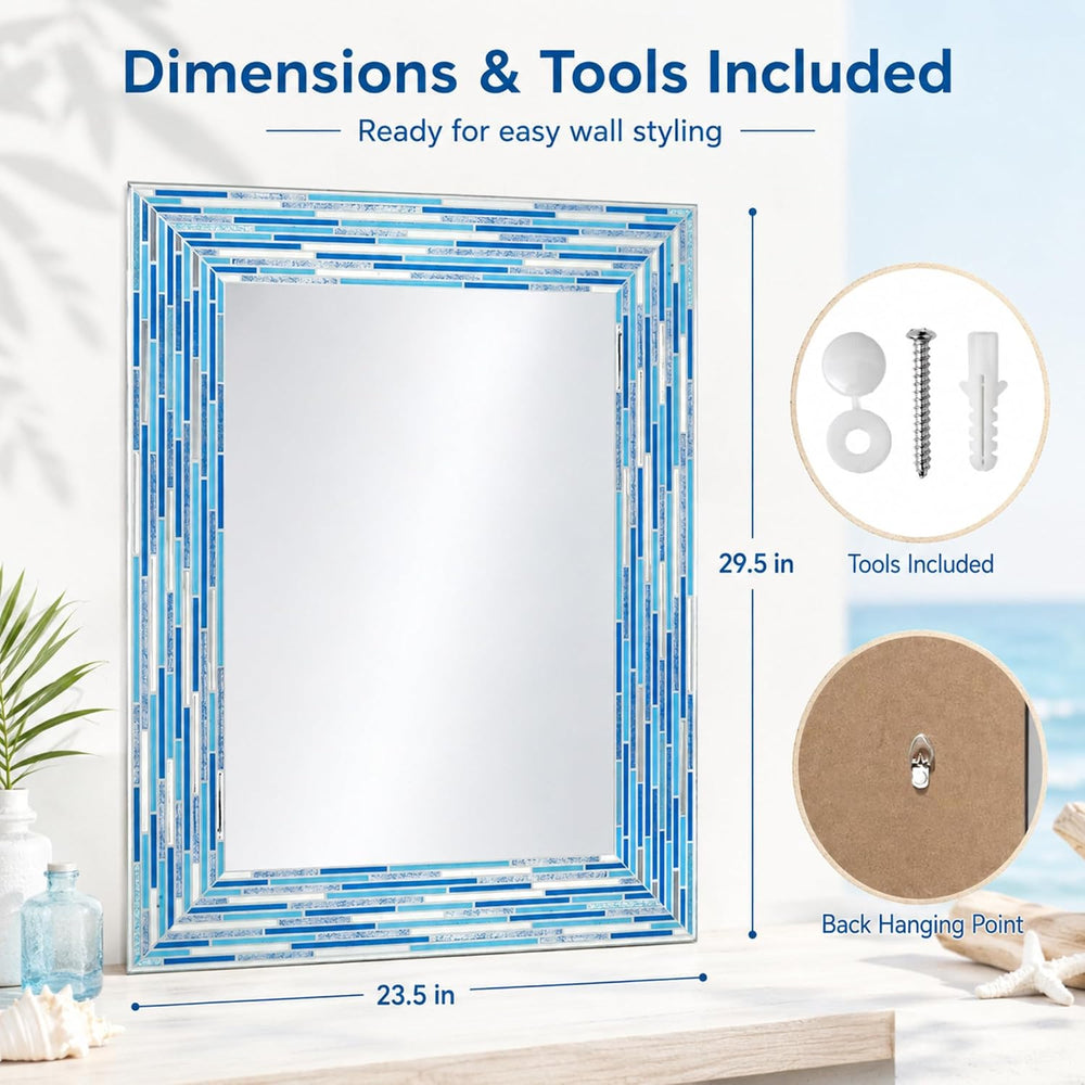 Head West 24"x30" Frameless Blues Mosaic Bathroom Vanity Mirror, Re...