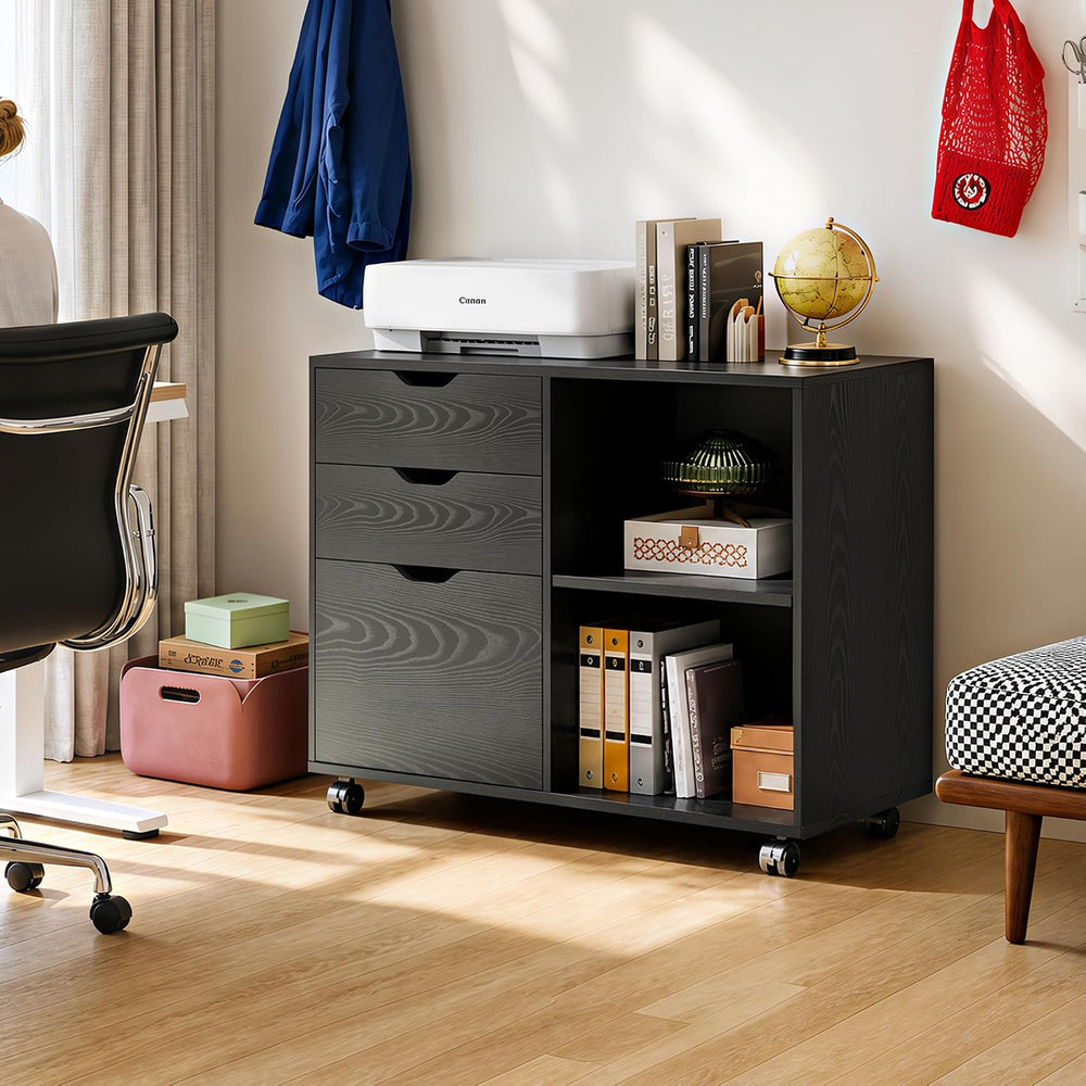 DEVAISE 3 Drawer Wood File Cabinet, Rolling Filing Cabinet with Open Storage ...