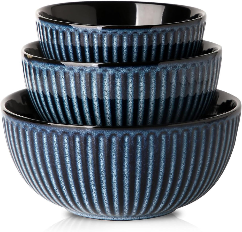 HASENSE Mixing Bowls of 3, Porcelain Ribbed Bowls 1.5/1/0.5 Qt