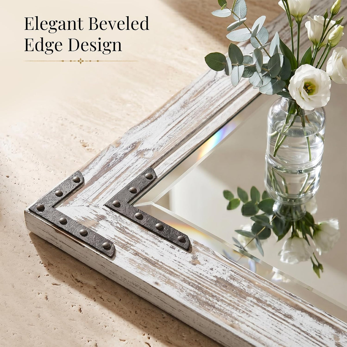 distressed white 30x40 inch wood bathroom vanity mirror shown in use