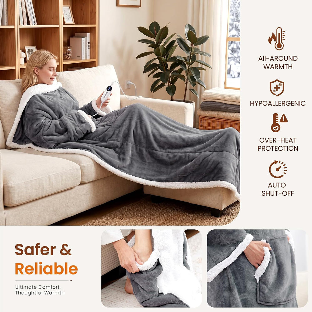 Electric Flannel Wearable Heated Throw Blanket with Foot Pocket & Sleeves...