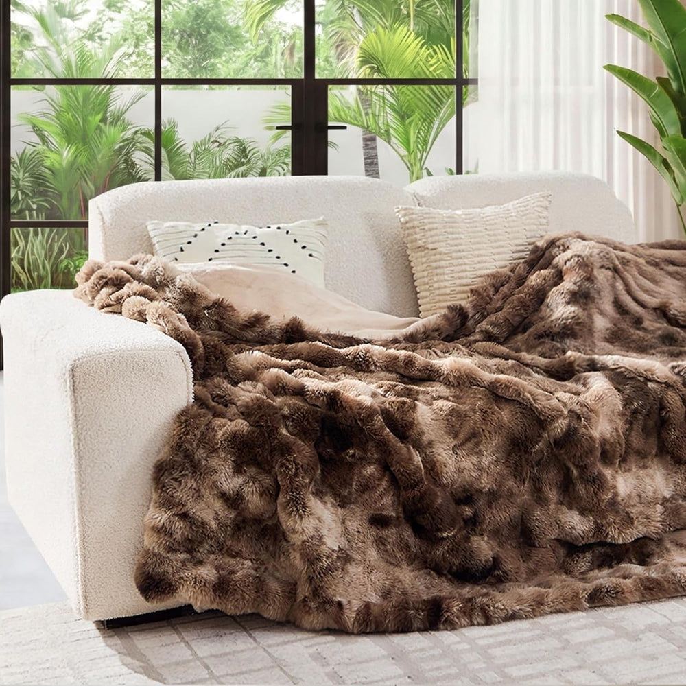 Lotus Karen Faux Fur Throw Blanket Tie-Dye Dark Coffee-Big Bubble Rabbit Fluf...