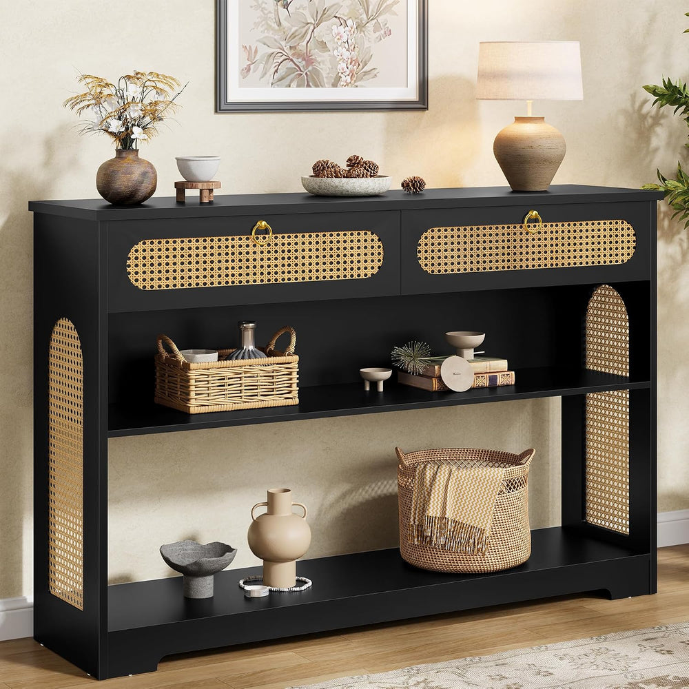 Hoctieon Rattan Console Table with 2 Drawers, 3-Tier Boho Woven Entryway Tabl...