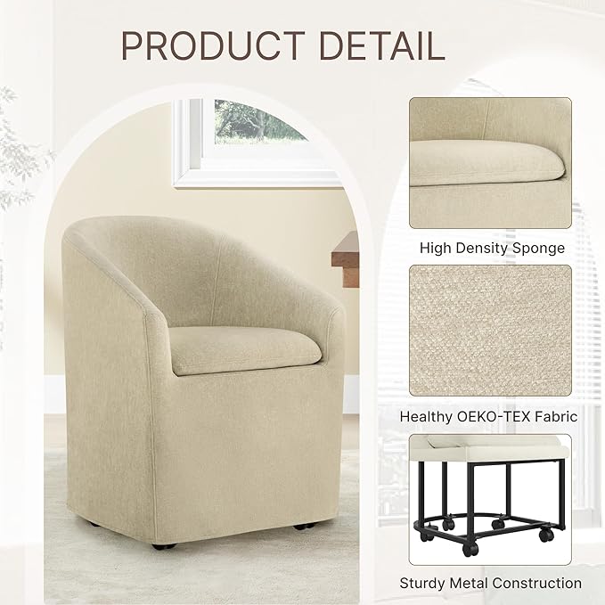Upholstered Dining Chairs with Casters, Washable Cover Modern Dining Room Cha...
