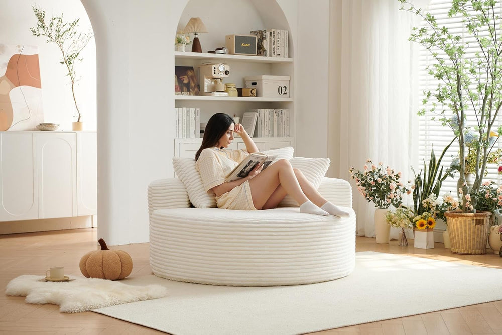 55''L Oversized Round Chaise Longue Chair Indoor, Corduroy Sponge Sin...