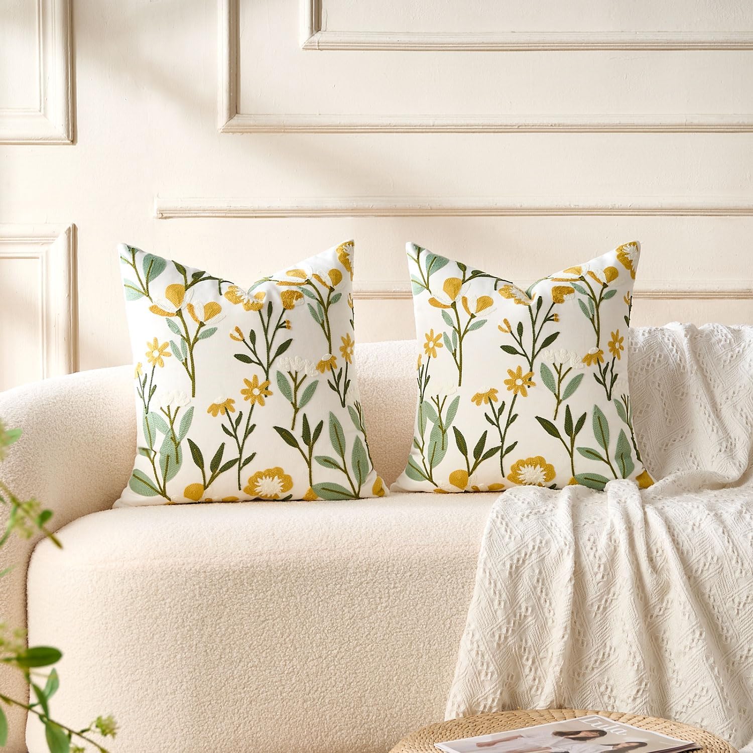 Embroidered Floral Throw Pillow Covers Summer Decorative Couch Pillow Covers Farmhouse Green Floral Tufted Pillow Covers 20x20 Square Cushion Cases Set of 2 for Living Room Couch Sofa Bed Home Decor