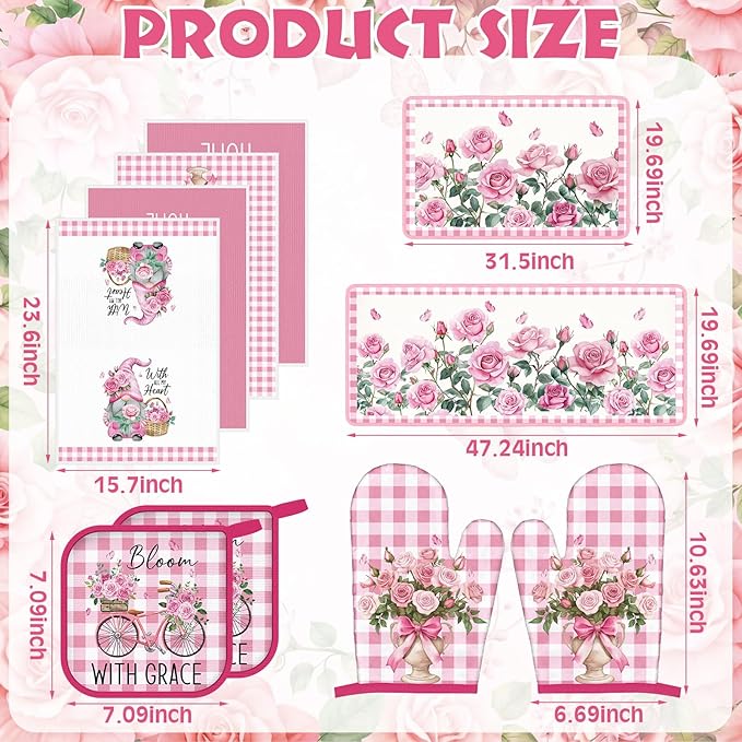 Fourluoo 10 Pcs Pink Rose Kitchen Decor Set Towels and Rugs Oven Mitts and Pot - Image 3