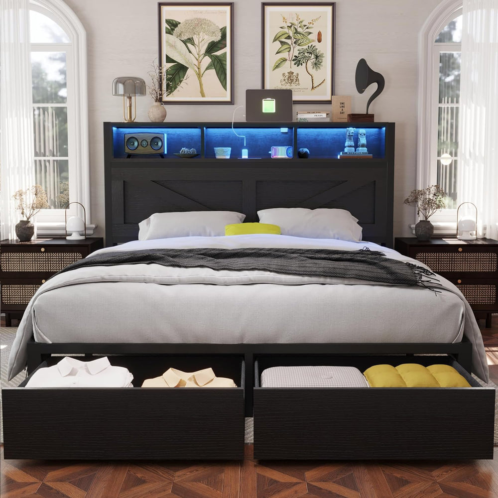 Farmhouse Full Bed Frame with Storage Bookcase Headboard & Drawers, Black