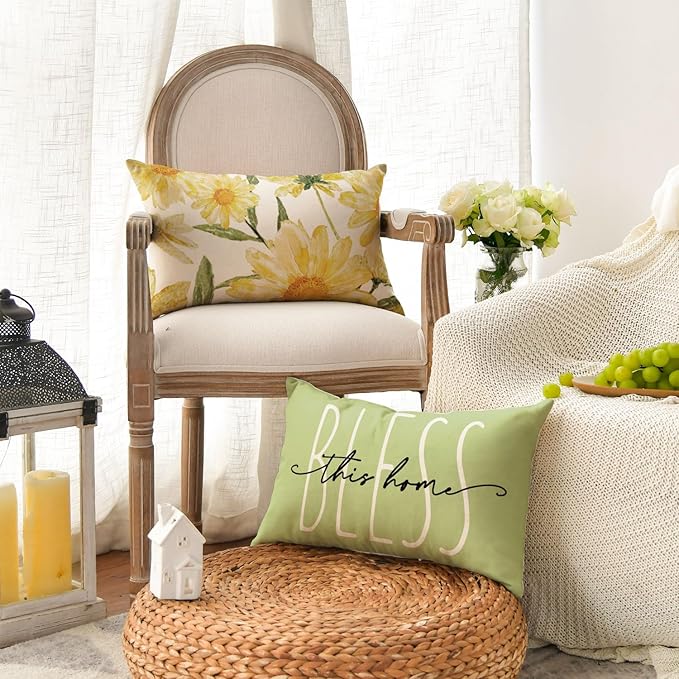 AVOIN colorlife Home Sweet Home Spring Summer Flowers Green Throw Pillow Covers - Image 3