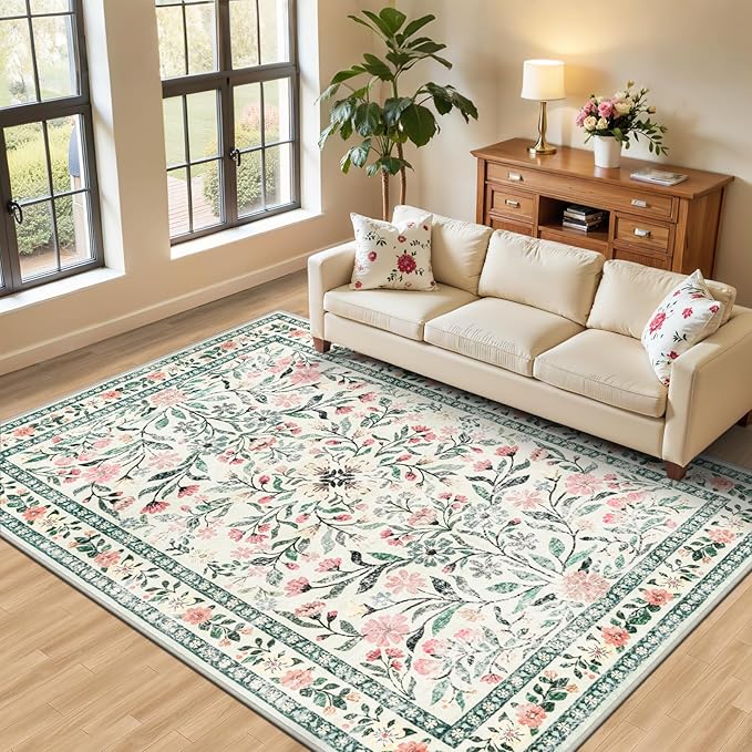 6x9 Area Rugs for Living Room: Floral Washable Rug Vintage Large Soft Boho by PLHXFRSoftAreaRugs