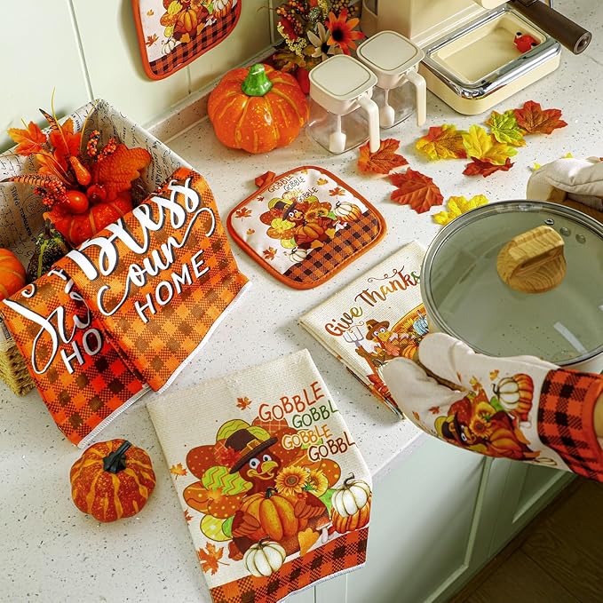 Fanfanwin 10 Pcs Fall Thanksgiving Turkey Kitchen Decor Set Kitchen Towels Pot