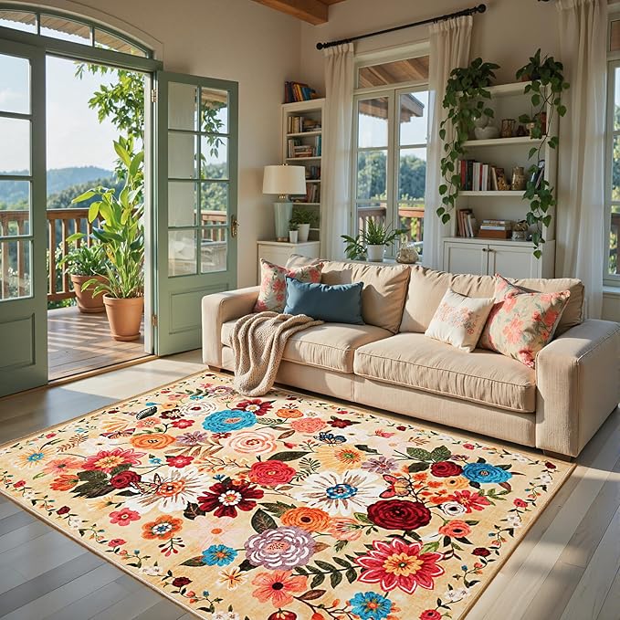 Area Rug 4x6 Rug Washable Boho Rugs Non Slip Low Pile Floral Small Carpet by WelcometoBabovid
