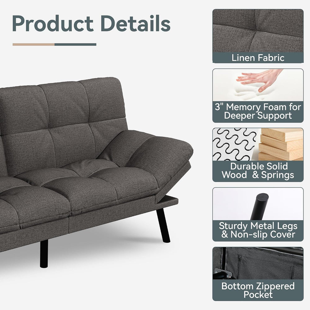 Futon Sofa Bed Convertible Couch, Grey Linen Sofa Bed