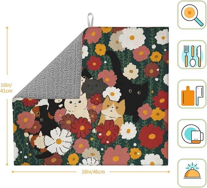 Cute Cat Flowers Dish Drying Mat 16x18 Inch, Microfiber Absorbent Fast Dry Mat - Image 2