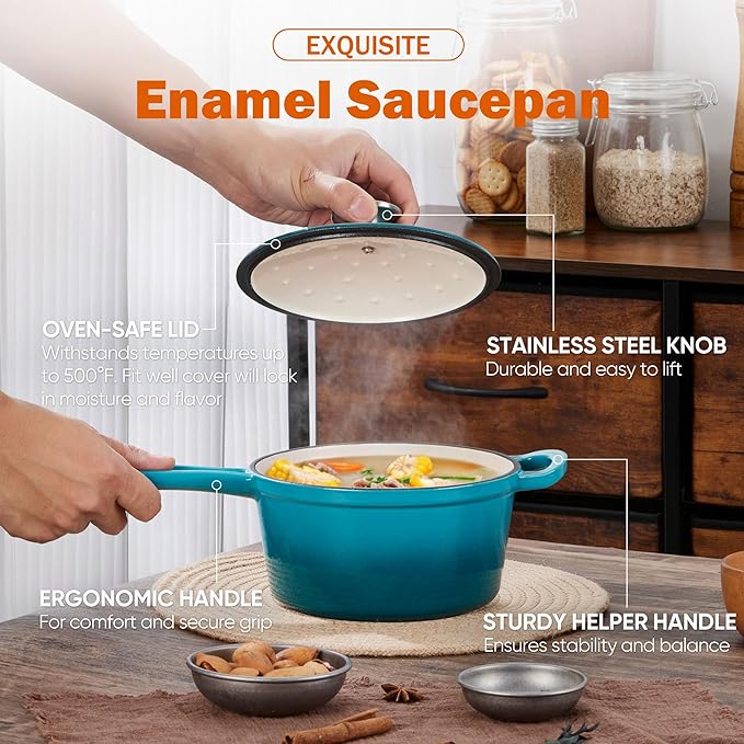 Homikit 1 QT & 2 QT Saucepan Set, Enameled Cast Iron Saucepan
