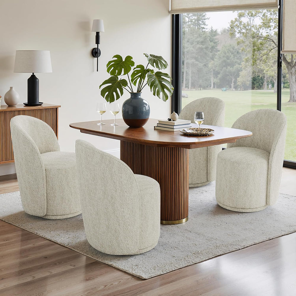 Swivel Dining Chairs Set of 6, Chenille Barrel Chair, Light Sand